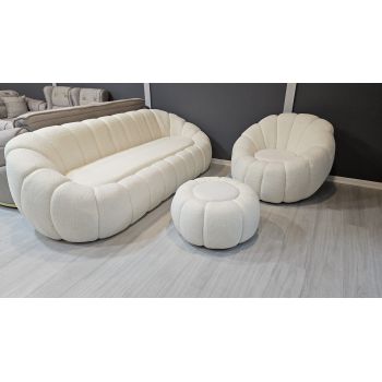 Set Cloud Chic” – canapea +2 fotolii +taburet din stofă bouclé crem personalizabil Set Cloud Chic” – canapea +2 fotolii +taburet din stofă bouclé crem personalizabil