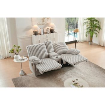 Canapea Siesta 2 Locuri, Recliner, Sistem Audio Si Suport Pahare, Catfea Raiat, Crem, 202 Cm
