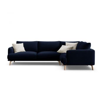 Colțar albastru închis cu tapițerie din catifea (cu colț pe partea dreaptă/în formă de ”L”) Naomi – Micadoni