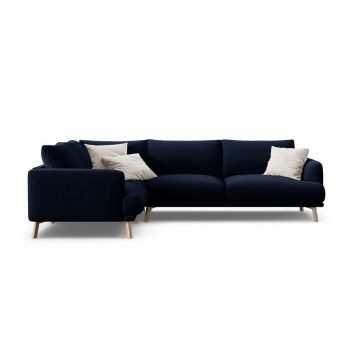 Colțar albastru închis cu tapițerie din catifea (cu colț pe partea stângă/în formă de ”L”) Naomi – Micadoni