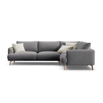 Colțar gri cu tapițerie din catifea (cu colț pe partea dreaptă/în formă de ”L”) Naomi – Micadoni