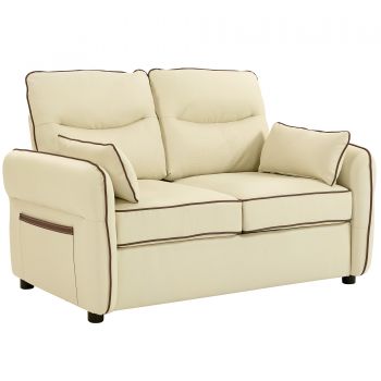 HOMCOM Divan 2 Locuri Imbottit din Piele Sintetică cu Bord Contrastant, Divan Living cu Perne Groase, 2 Perne Detasabile și Lavabile, Brațe și Buzunare Laterale, 136x81x90 cm, Bej | Aosom Romania