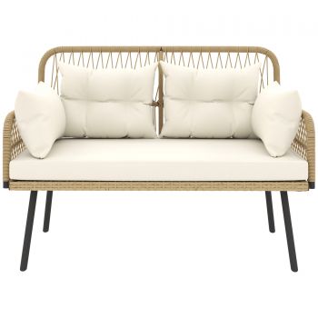 Outsunny Canapea de grădină cu perne Canapea 2 locuri Outdoor Balcon Canapea din ratan Polyrattan 115 x 61 x 82 cm Lemn natural | Aosom Romania