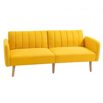 HOMCOM Canapea extensibilă 2 locuri modernă 173x75x73 cm Canapea pliabilă tapițată cu material sintetic cu aspect de in, spătar reglabil în 3 trepte și cotiere detașabile pentru living/birou Galben | Aosom Romania