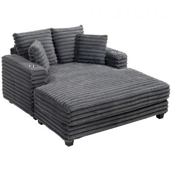 HOMCOM Chaiselongue 2 locuri canapea extensibilă mare 134 x 151 cm cu suport pentru pahare pentru living, gri | Aosom Romania