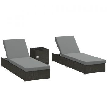 Outsunny Set 2 Șezlonguri de Grădină din Ratan cu Măsuță Laterală și Spătar Reglabil, 184x60x22 cm, Gri Închis | Aosom Romania