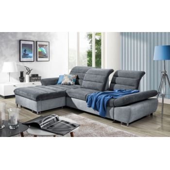 Coltar Romisa Medium Extensibil cu Arcuri Ondulate si Spuma Poliuretanica, Sezlong pe Stanga, Suprafata de Dormit 250x140 cm, cu Sertar de Depozitare, Spatar/Tetiere/Cotiere Reglabile, l306xA190xH91 cm